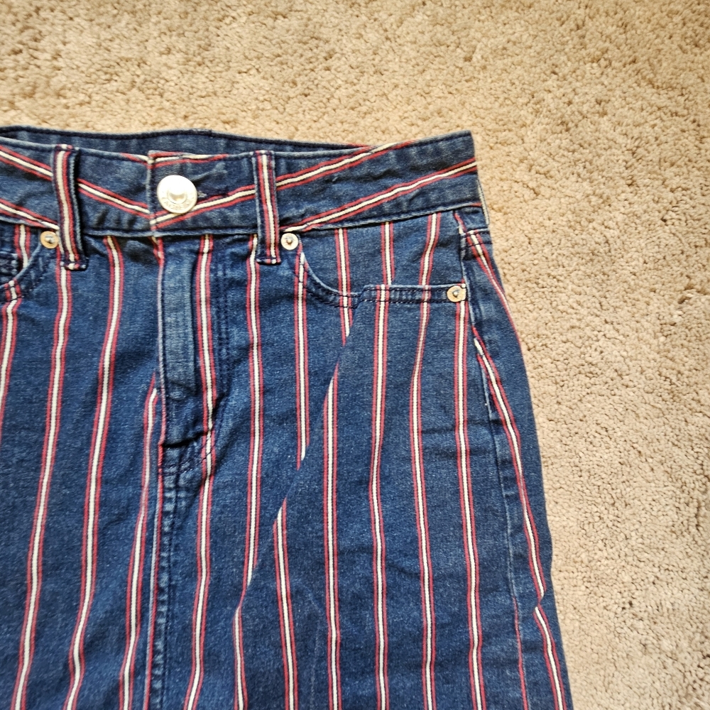 American Eagle Red White Blue Striped Hi-Rise Denim Mini Skirt Size 2 Fray Hem